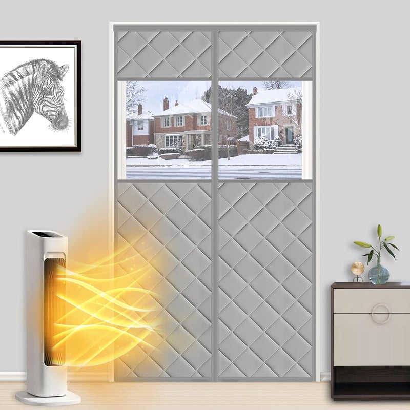 MAGZO Magnetic Thermal Insulated Door Curtain with Perspective Window, Fits 36" x 80" Door, Made of Oxford&Cotton, Insulation Cover Blanket for Winter/Sliding Glass/Patio Doors, Keep Cold Out, Grey - Image 1
